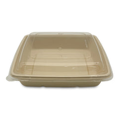 Beige plastic food container with a lid on a white background