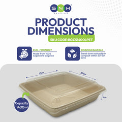 SNH Packaging product dimensions with eco-friendly and biodegradable features on a white background
