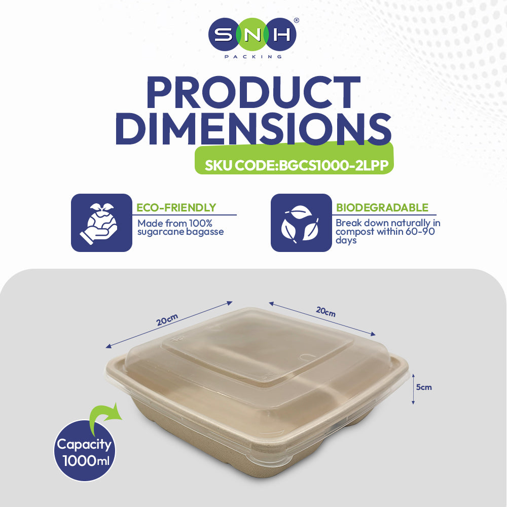 Product dimensions of a biodegradable container with SNH branding and eco-friendly features.