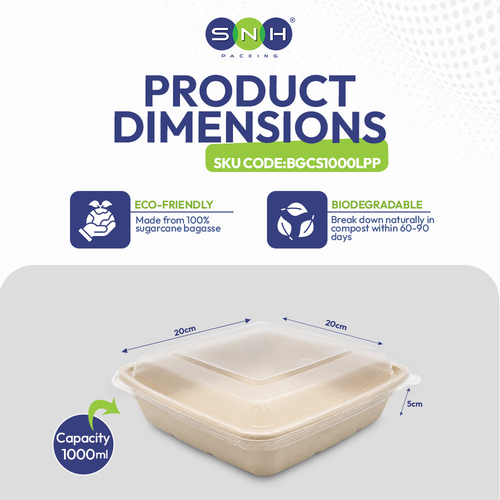 Product dimensions of a biodegradable container with SNH branding and eco-friendly features.