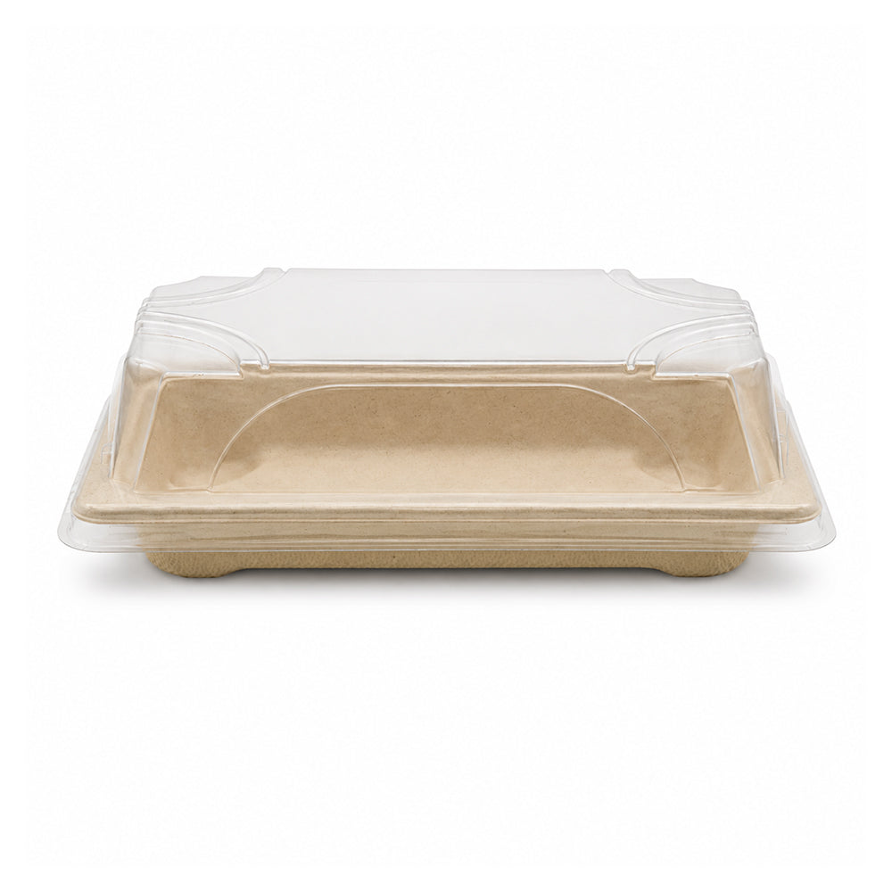A square kraft paper food tray with a clear plastic clamshell lid, shown on a clean white background.