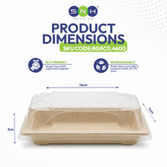 A clear plastic clamshell tray with a beige biodegradable paper tray base, shown with dimension labels indicating 14cm width, 7cm depth, and 5cm height on a white background with SNH PACKING branding and product dimensions text.