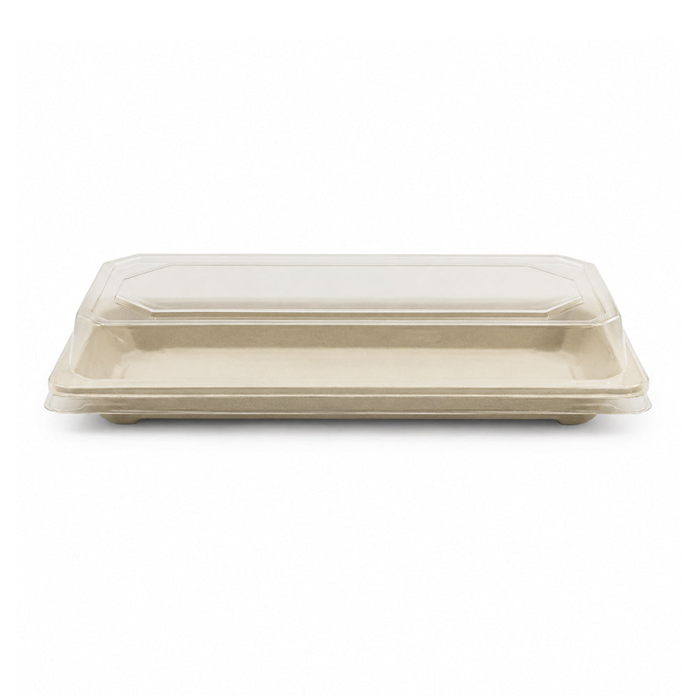 A rectangular beige plastic food tray with a matching clear plastic lid, shown on a plain white background.