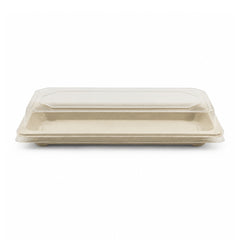 A rectangular beige plastic food tray with a matching clear plastic lid, shown on a plain white background.