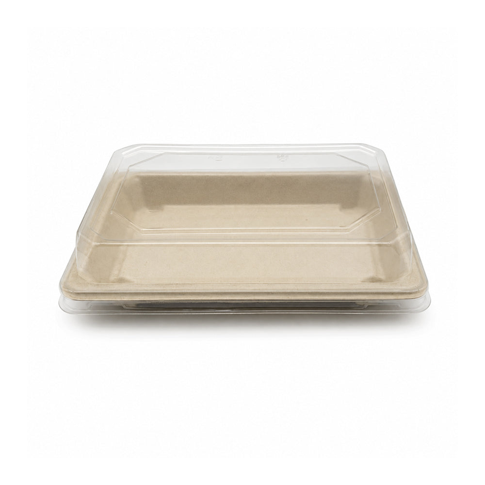 A stack of two square disposable food trays with clear plastic lids, shown on a plain white background.