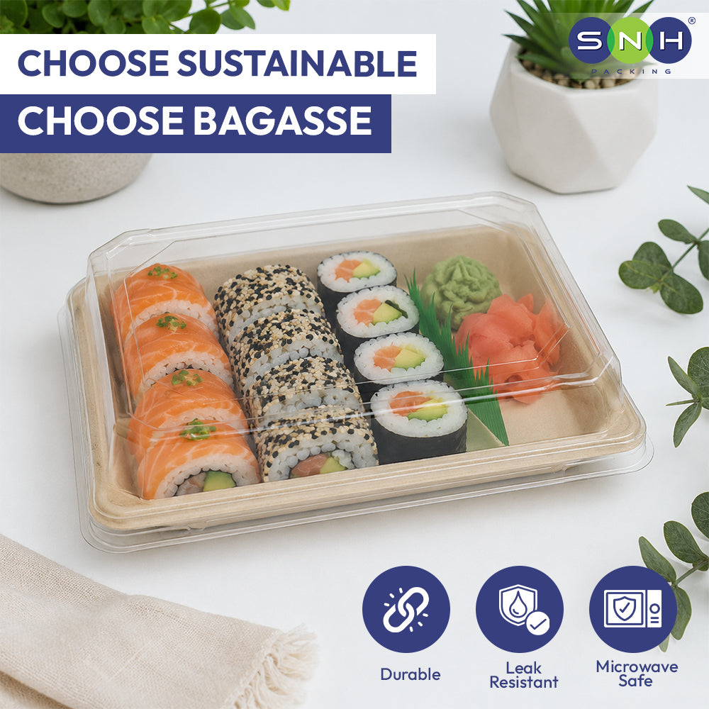 A clear plastic clamshell food tray holding sushi rolls, pickled ginger, and wasabi, shown on a white surface with decorative plants and text overlays reading 'CHOOSE SUSTAINABLE CHOOSE BAGASSE' and feature icons for durability, leak resistance, and microwave safety.