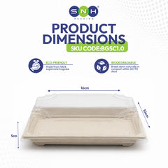 Product dimensions diagram for a SNH Packaging biodegradable tray, showing a beige tray with a clear lid, labeled with dimensions of 16cm, 10cm, and 5cm on a white background with feature icons.