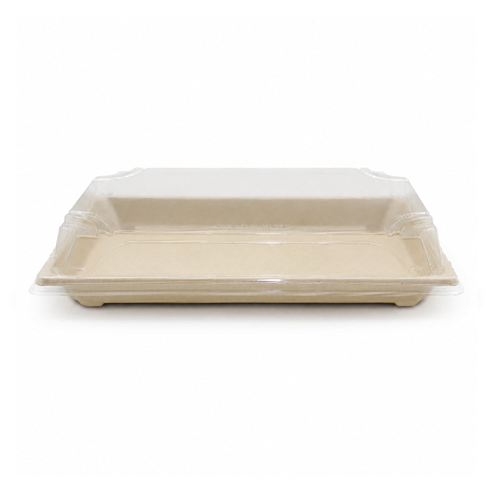A rectangular beige paperboard tray with a clear plastic dome lid, shown on a plain white background.