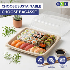 Bagasse Sushi Container with PET Lid | Eco Friendly Food Packaging