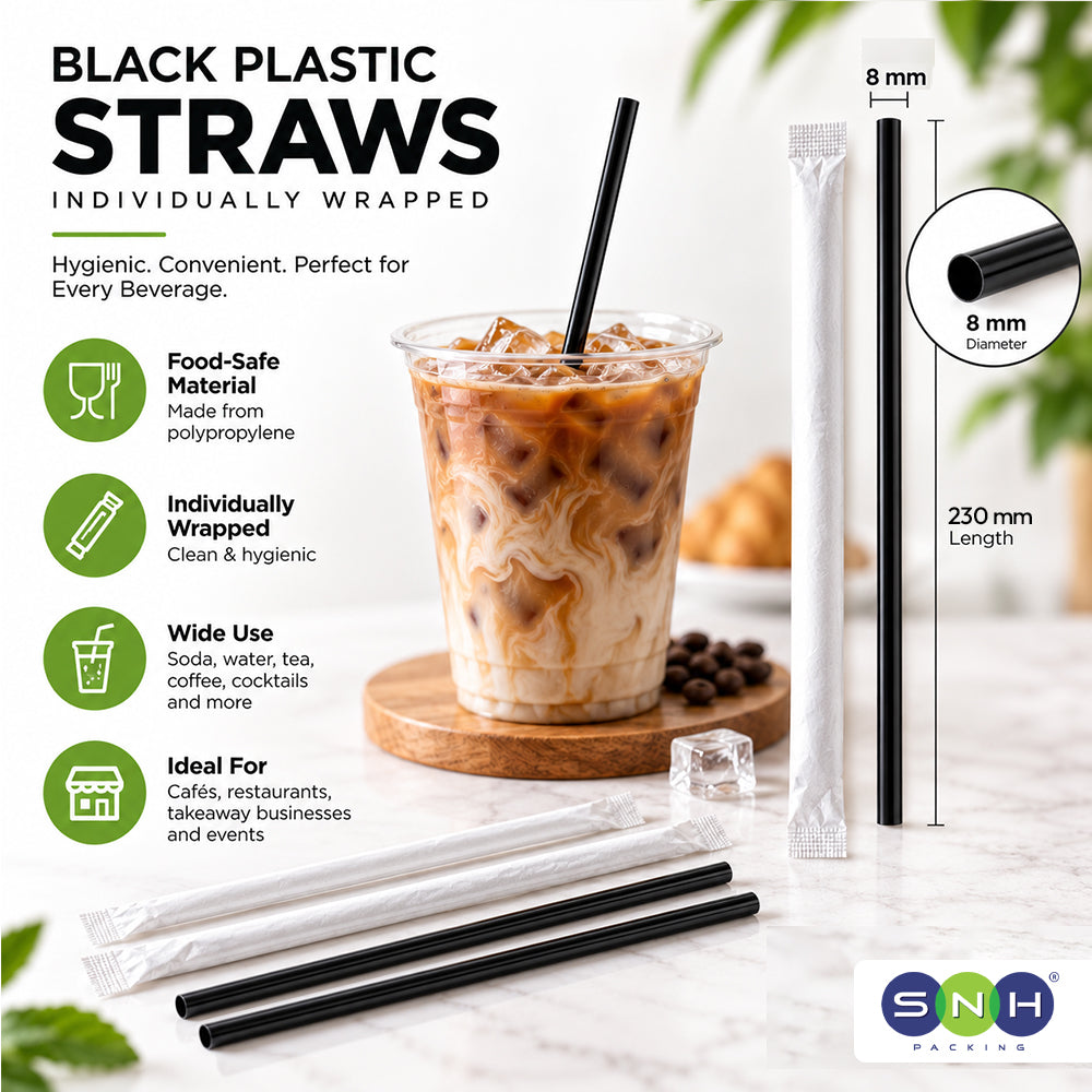 Black plastic individually wrapped straws with promotional text, a cup of iced coffee, and a circular diameter detail. The SNH Straws logo appears at the bottom right.