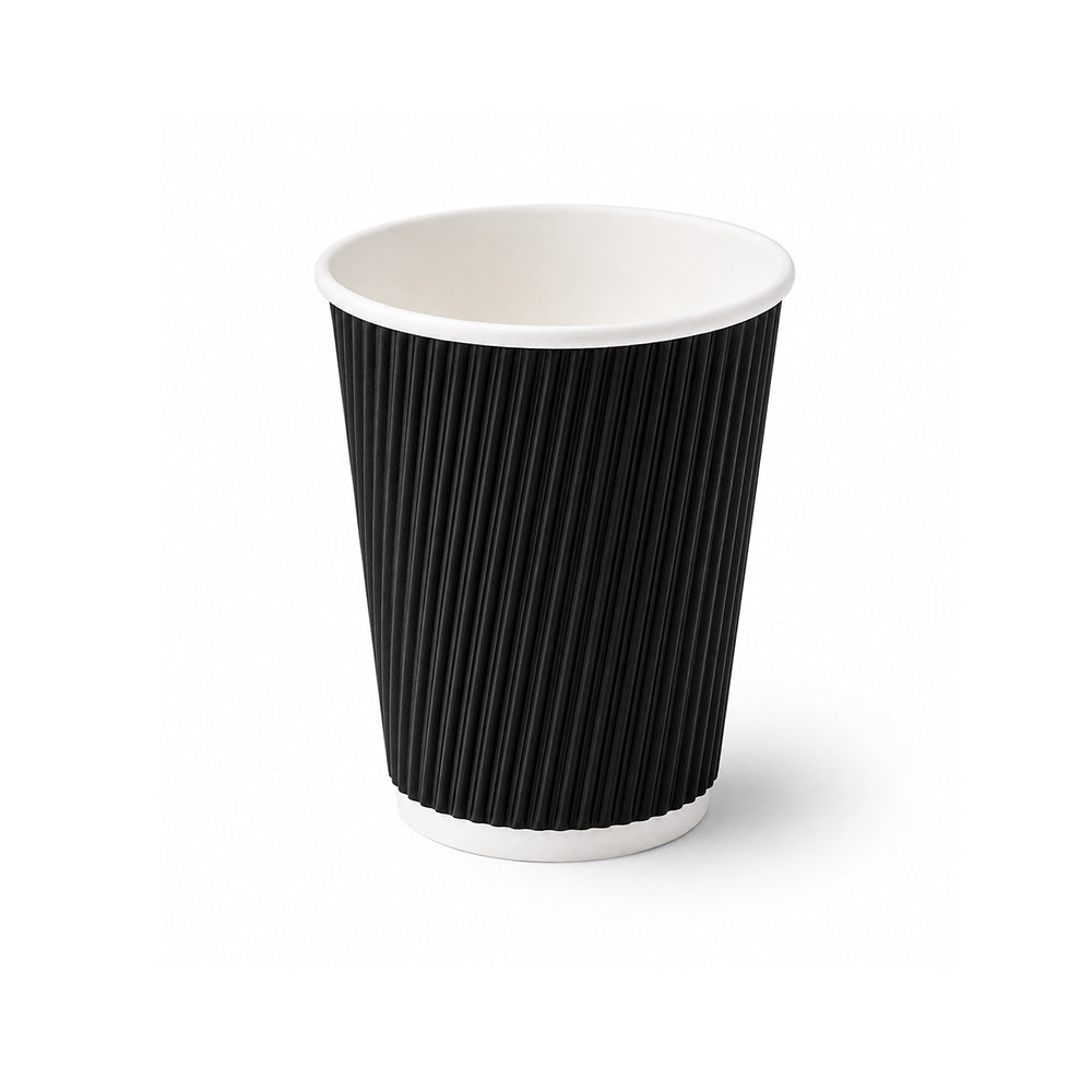 A single black paper coffee cup with a ribbed exterior and a white interior