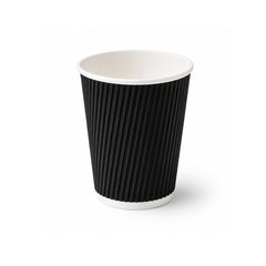 A single black paper coffee cup with a ribbed exterior and a white interior