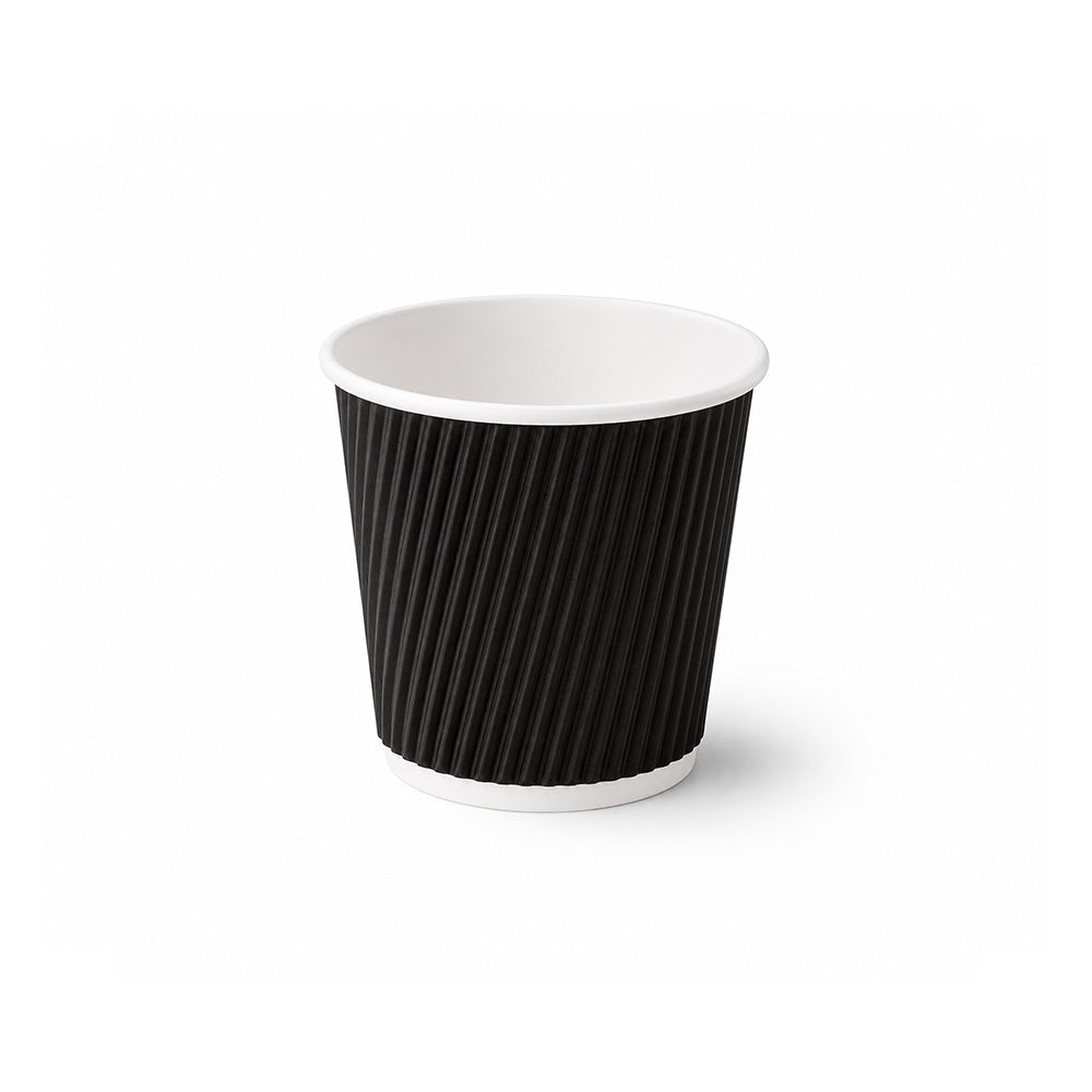 A single black paper coffee cup with a ribbed exterior and a white interior