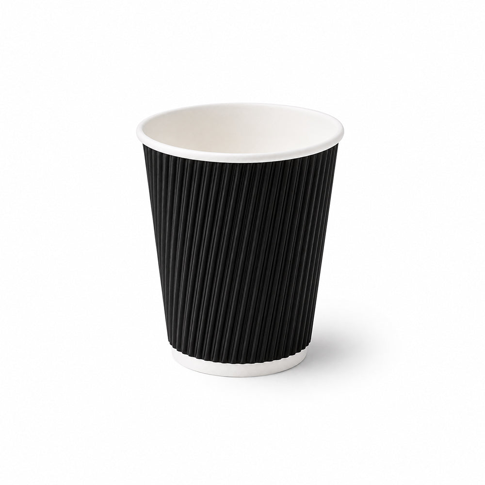 A single black paper coffee cup with a ribbed exterior and white interior