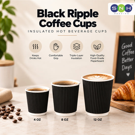 Three black ripple-pattern insulated coffee cups in 4 oz, 8 oz, and 12 oz sizes displayed on a tabletop with coffee beans, a croissant, and a chalkboard sign. Text at the top reads 'Black Ripple Coffee Cups' with feature icons and 'SNH PACKING' in the top right.