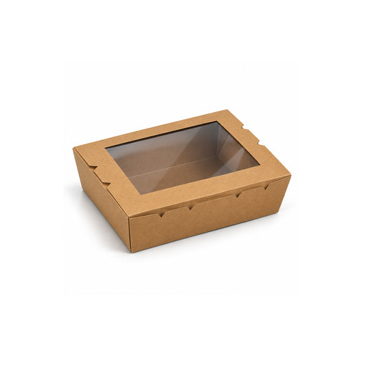 A brown kraft paper food tray with a clear plastic window on the lid