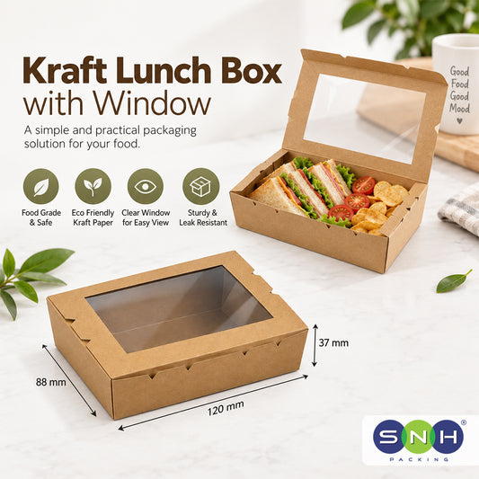 Kraft paper lunch box packaging shown in two views: one closed with a clear window and one open containing a sandwich and chips. The image includes text reading 'Kraft Lunch Box with Window' and dimension labels for the box, plus a SNH Packaging logo.