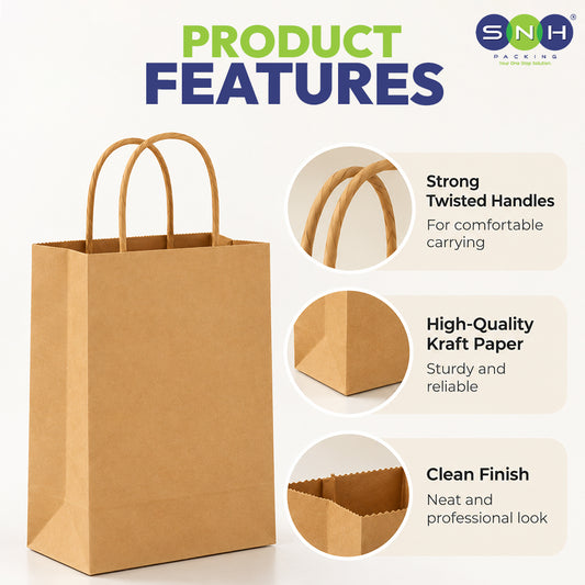 A kraft paper shopping bag with twisted handles, next to product feature callouts for strong twisted handles, high-quality kraft paper, and a clean finish. SNH PACKING logo is visible in the top right.