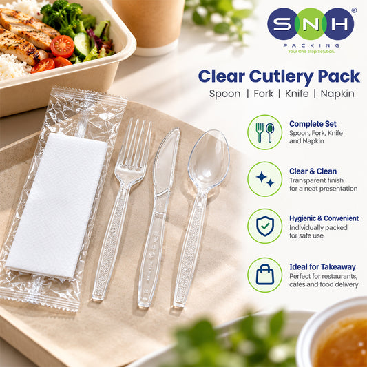 Clear Cutlery Pack Spoon Fork Knife Napkin Disposableset