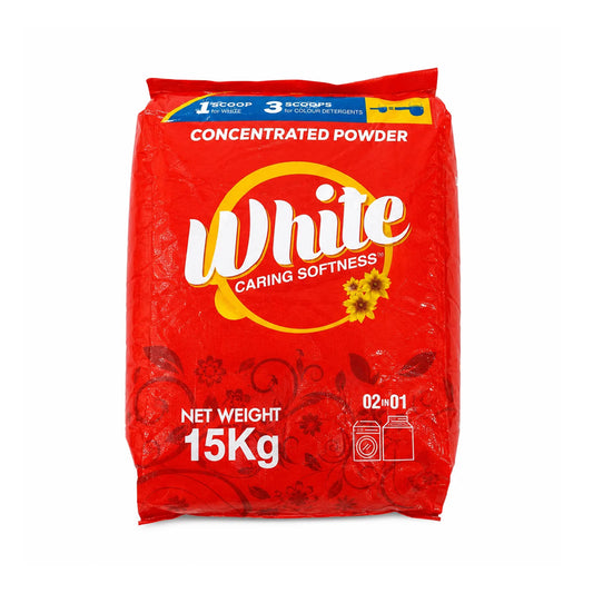 A 15kg red bag of White Caring Softness concentrated powder detergent, featuring the brand name 'White' in large white letters with a yellow sunflower graphic