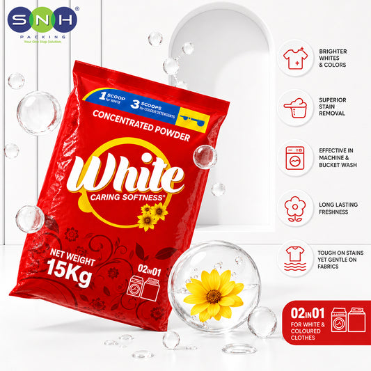 A 15kg bag of White Caring Softness concentrated powder for whites and coloured clothes, shown with decorative bubbles and a yellow flower. The packaging is bright red with white and yellow branding.