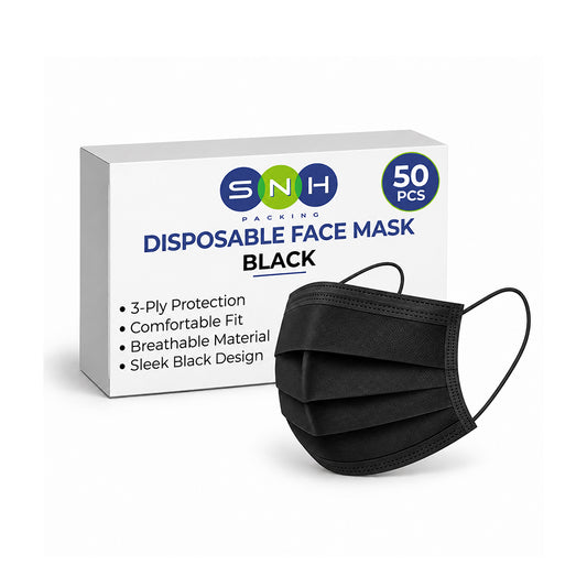 A black 3-ply disposable face mask shown in front of its white packaging box, which features the SNH PACKING brand logo and a blue '50 PCS' badge.