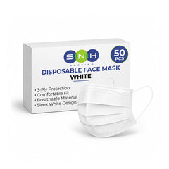 A white box of SNH Jacking disposable face masks with a single white pleated mask placed in front