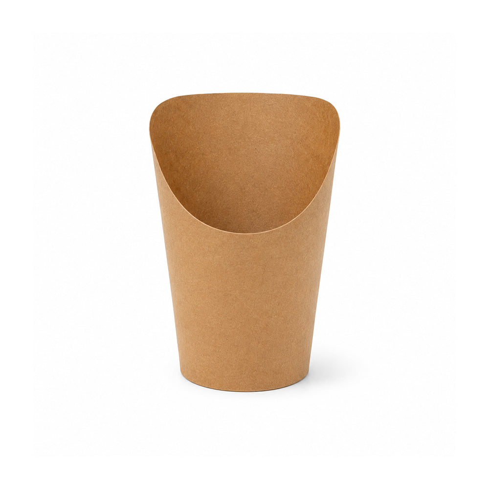 A brown kraft paper cup with a curved, open-top design