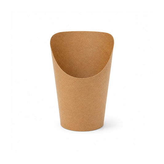 A brown kraft paper cup with a curved, open-top design