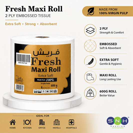 A roll of Fresh Maxi Roll 2-ply embossed tissue paper on a white marble-style pedestal, with product details and benefits listed on a beige background. The label is gold, black, and white, with the brand 'SNH PAKING' visible in the bottom right corner.