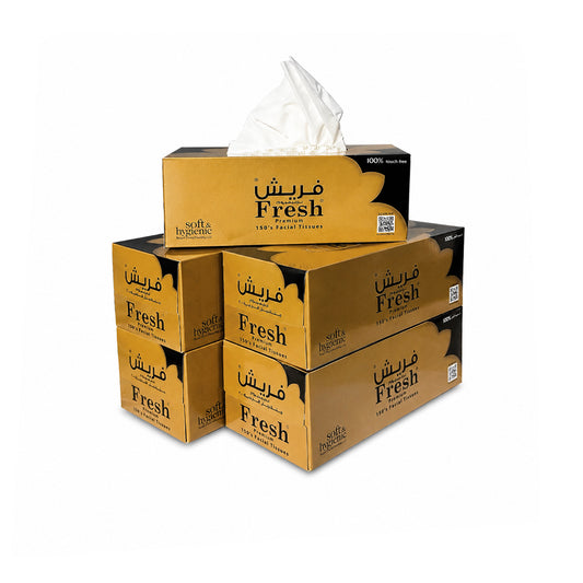 Five boxes of Fresh 100% facial tissues stacked together, with one box open to show white tissue sheets protruding.