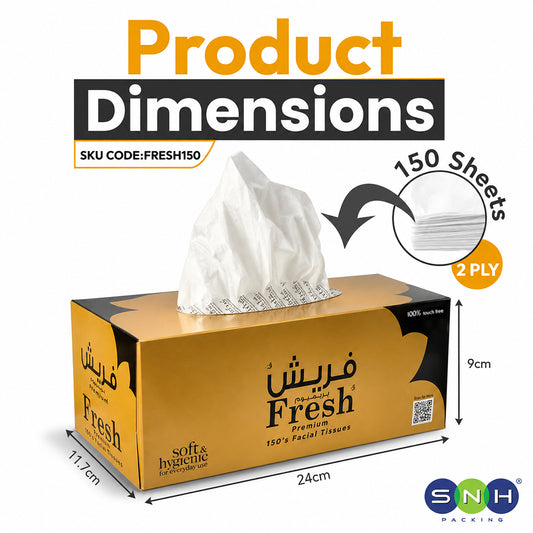 Product dimensions diagram for a box of Fresh 150-sheet facial tissues. The gold and black tissue box is shown with measurement arrows indicating 24cm length, 11.