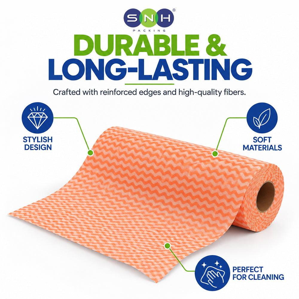 An orange and white chevron-patterned roll of cleaning towels, with promotional text and callout icons for stylish design, soft materials, durable and long-lasting quality, and suitability for cleaning. The SNH Racing logo is visible at the top.