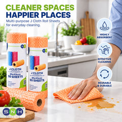 Two rolls of orange chevron-patterned J Cloth roll sheets displayed on a kitchen countertop next to a person's arm and hand wiping a spill, with promotional text and feature icons on the right.