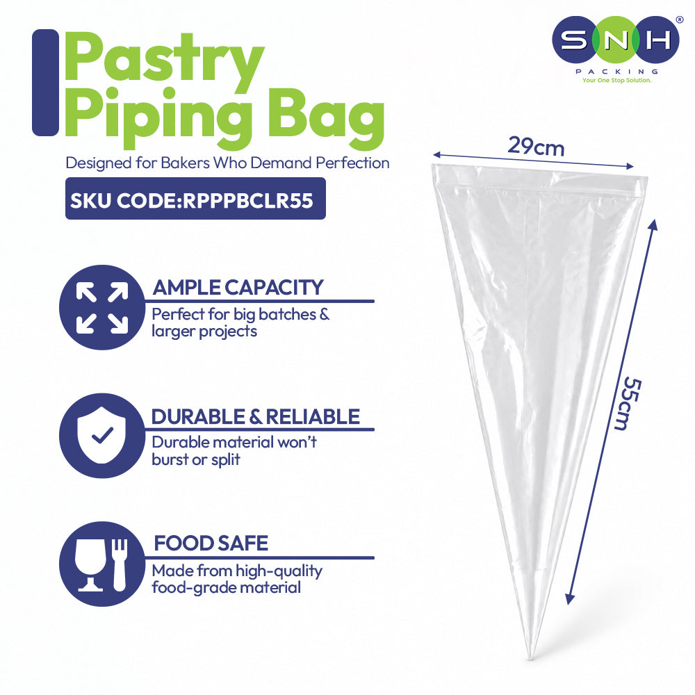 Pastry piping bag with specifications and SNH branding on a white background