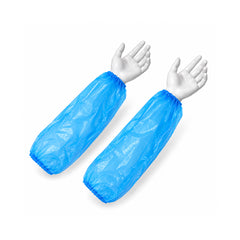 Two blue disposable protective arm sleeves shown on white mannequin hands 