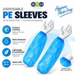 Blue disposable PE sleeves shown on white mannequin hands with product features and the SNH logo.