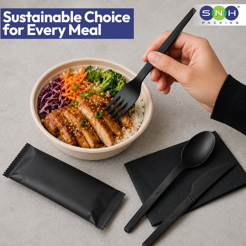 SNH PLA cutlery wrapped black compostable spoon fork knife set UAE