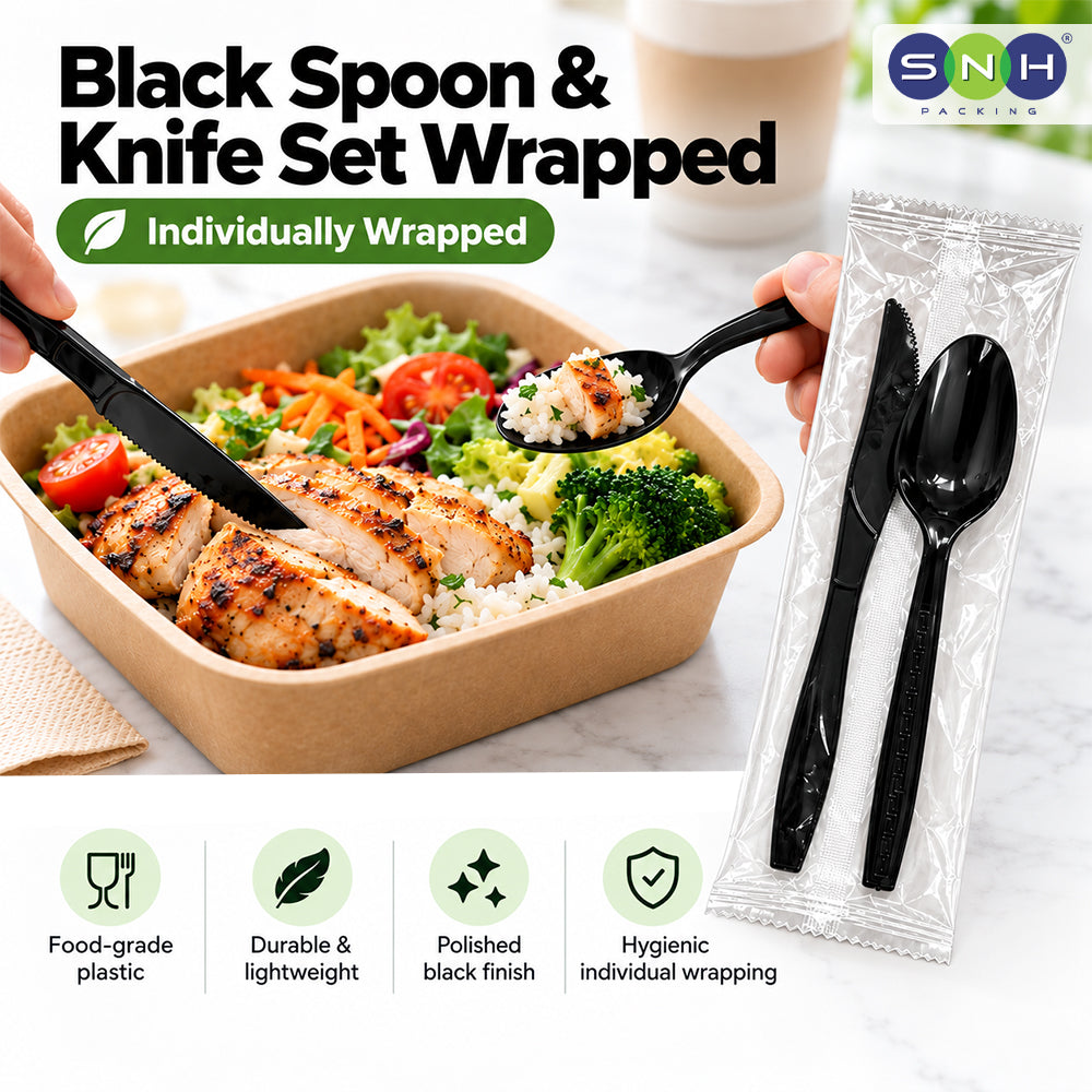 Black plastic spoon and knife set individually wrapped in clear packaging, shown next to a meal container with a hand using the spoon. The image includes marketing text and feature icons at the bottom, with the SNH PACKING logo in the upper right.