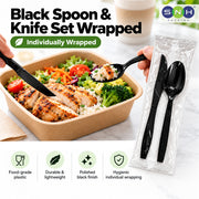 Black plastic spoon and knife set individually wrapped in clear packaging, shown next to a meal container with a hand using the spoon. The image includes marketing text and feature icons at the bottom, with the SNH PACKING logo in the upper right.