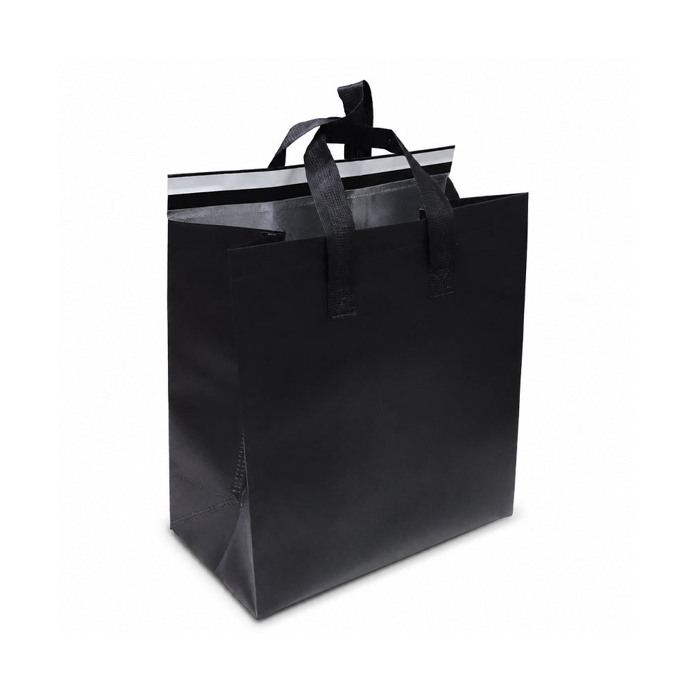 A large black reusable shopping bag with two black handles, shown on a plain white background.