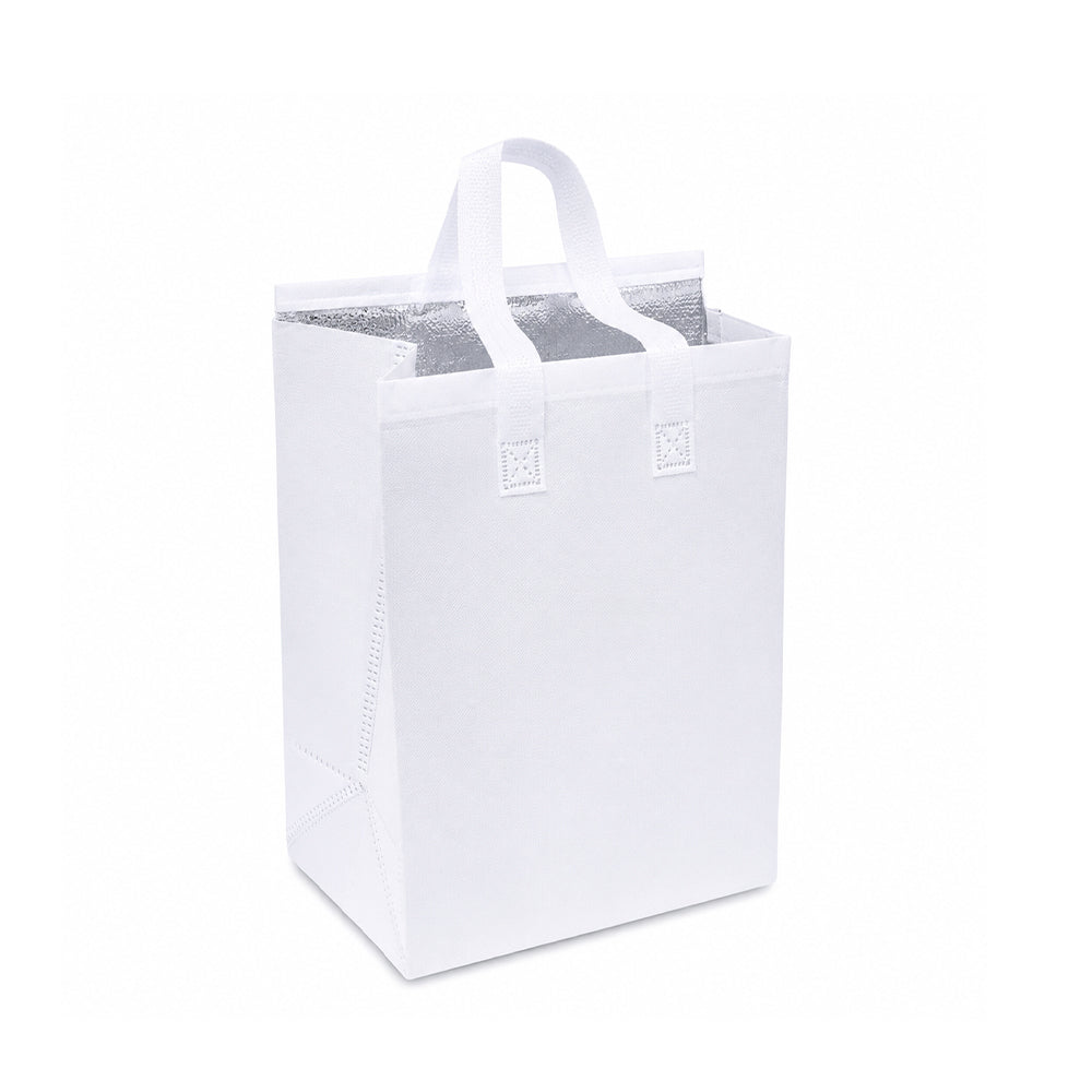 A white reusable tote bag with dual top handles and a silver reflective lining visible inside, shown on a plain white background.