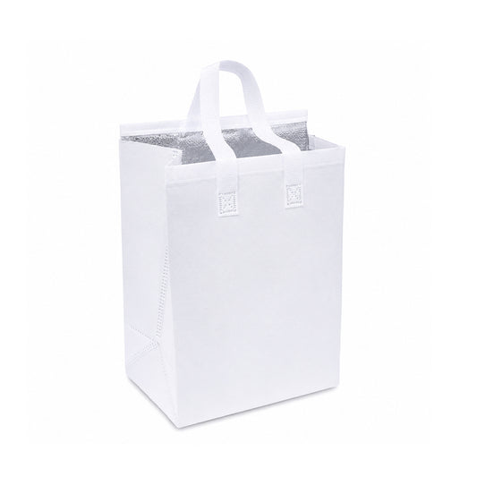A white reusable tote bag with dual top handles and a silver reflective lining visible inside, shown on a plain white background.