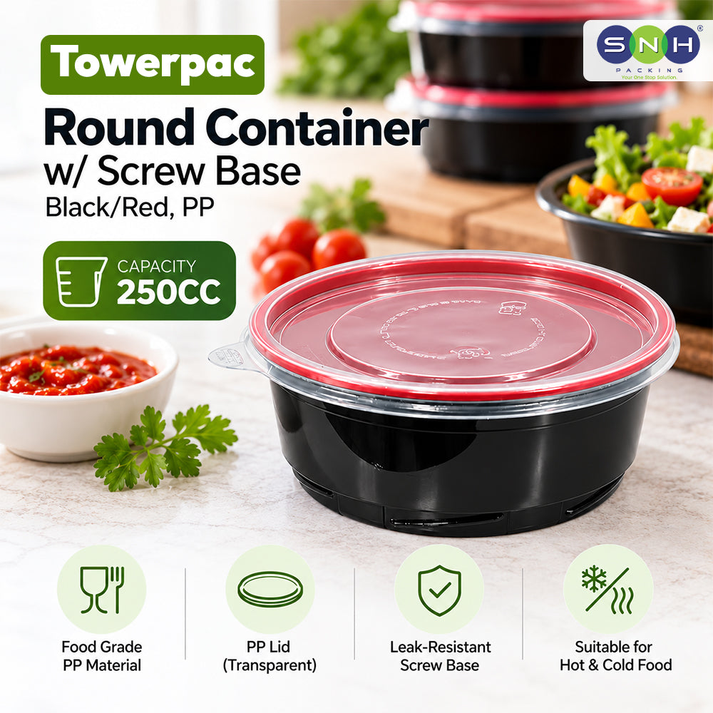 Towerpac Black Round Plastic Containers 250cc