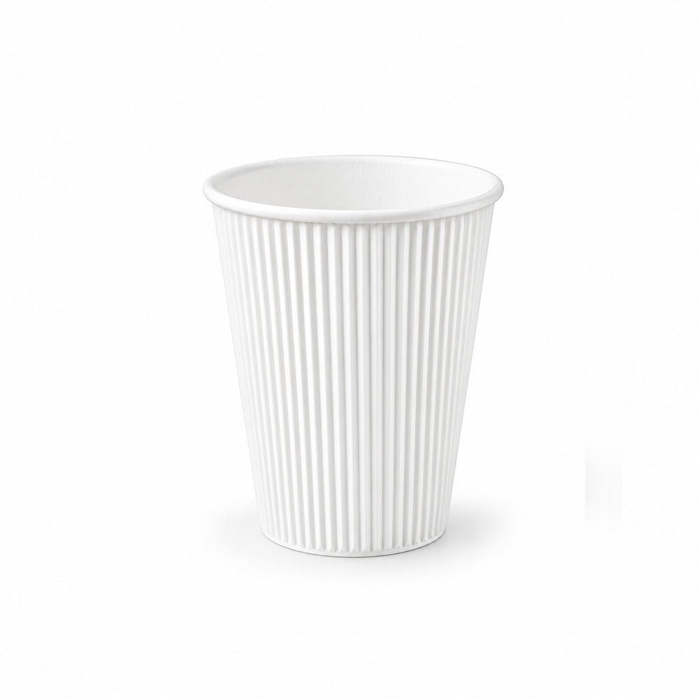 A white paper coffee cup with vertical fluted ridges