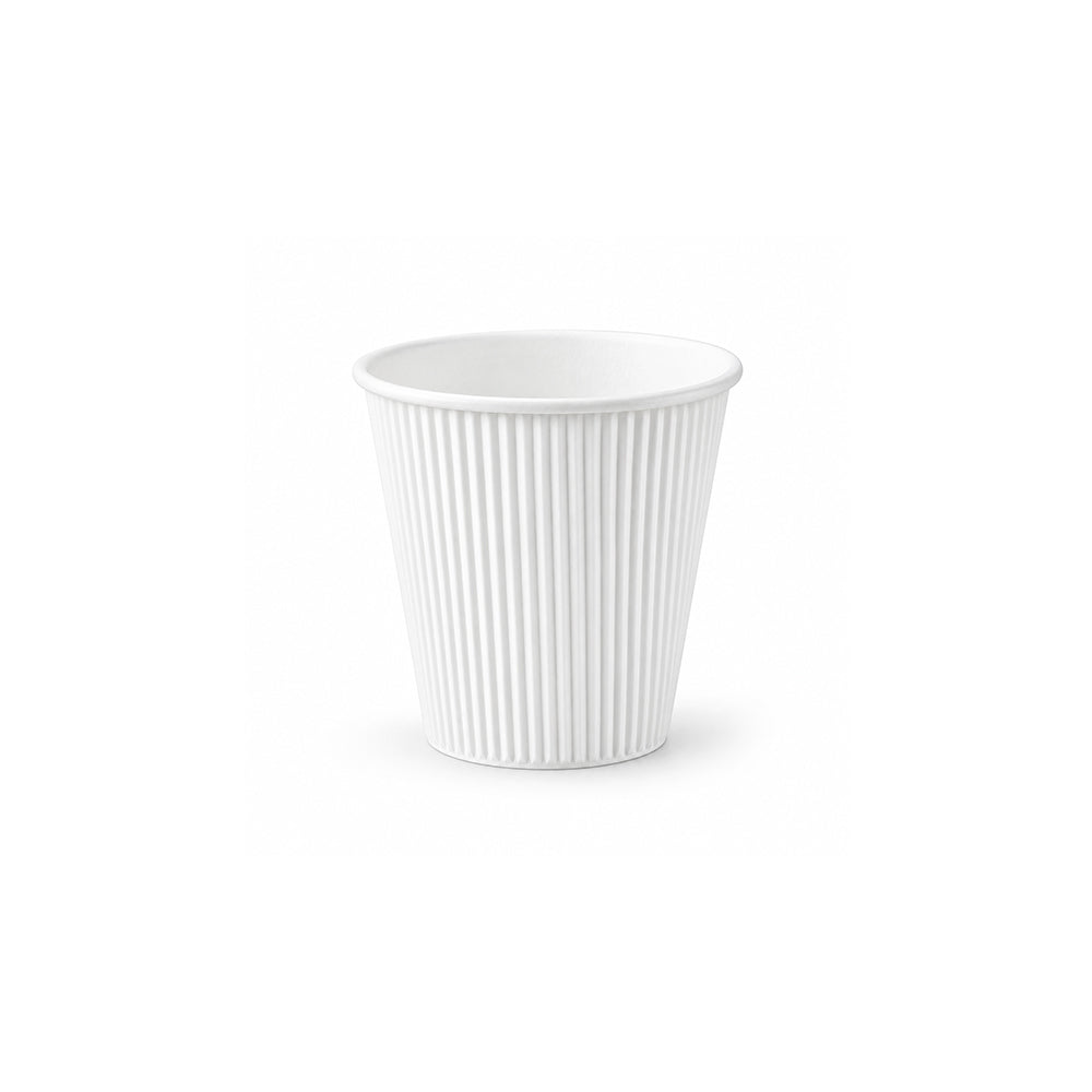 A white paper cup with vertical fluted ridges