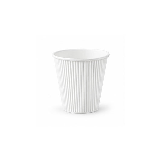 A white paper cup with vertical fluted ridges
