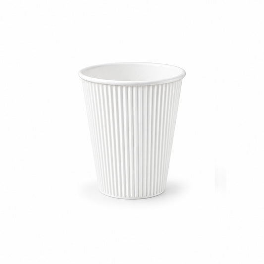 A white paper coffee cup with vertical fluted ridges