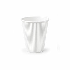 A white paper coffee cup with vertical fluted ridges