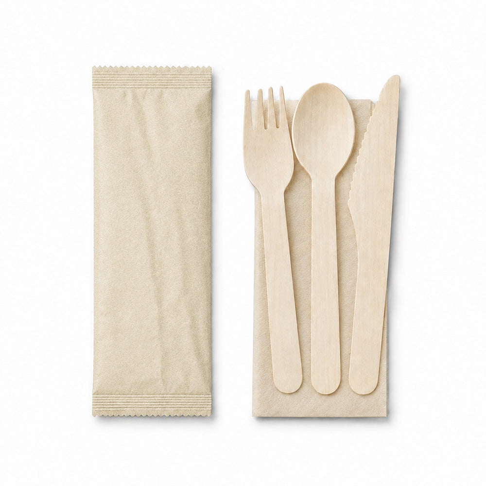 SNH wooden cutlery wrapped spoon fork knife napkin set UAE